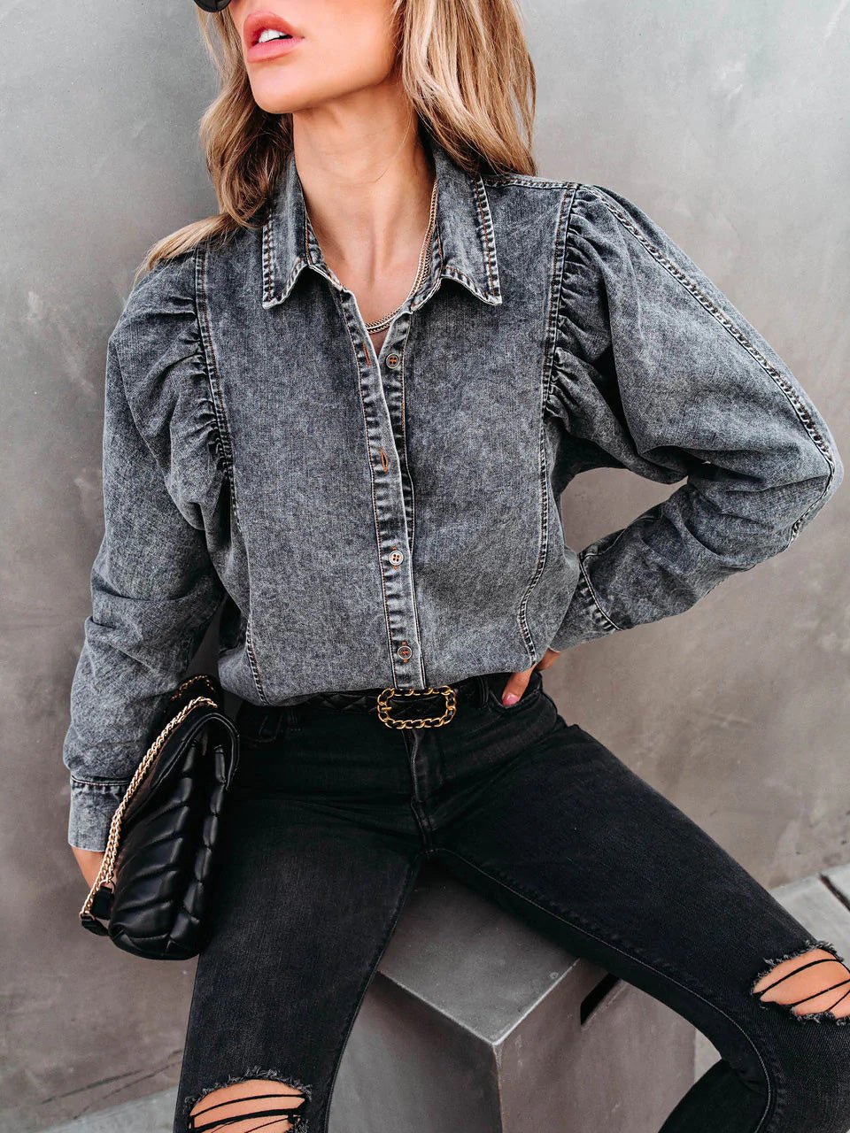 Women's Blouses Lapel Button Long Sleeve Denim Blouse - LuckyFash™