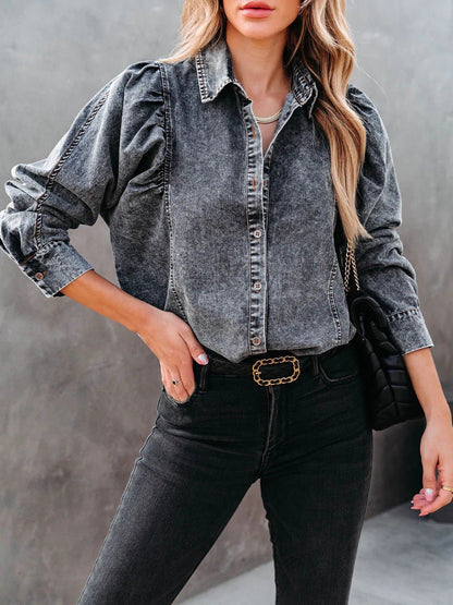 Women's Blouses Lapel Button Long Sleeve Denim Blouse - LuckyFash™