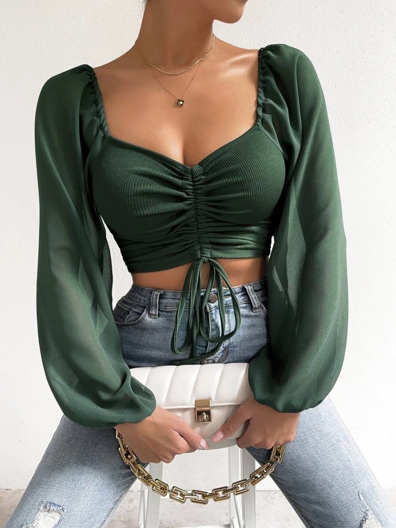 Women's Blouses Lapel Drawstring Crop Long Sleeve Blouse - LuckyFash™