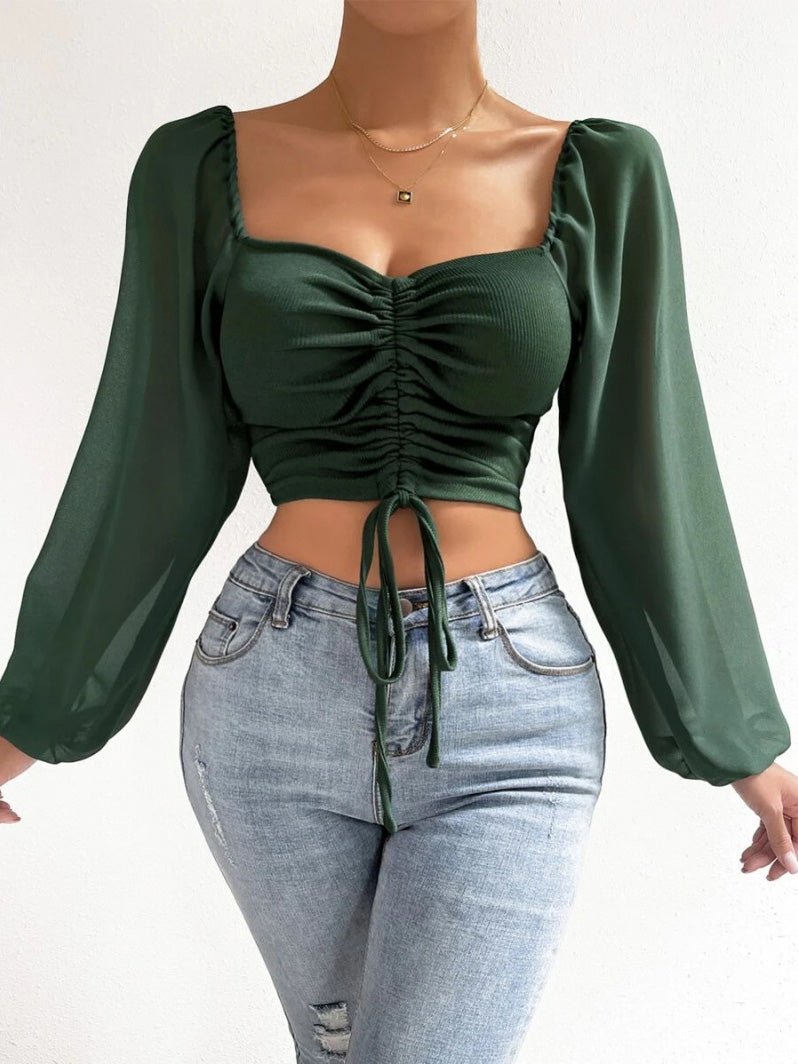 Women's Blouses Lapel Drawstring Crop Long Sleeve Blouse - LuckyFash™