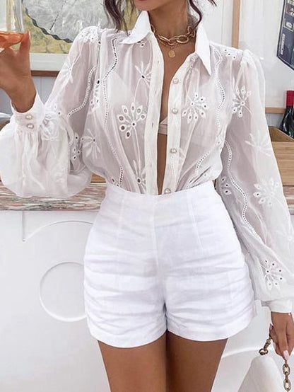 Women's Blouses Lapel Embroidered Crochet Puff Long Sleeve Blouse - LuckyFash™