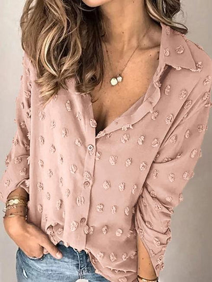 Blouses Lapel Jacquard Dot Long Sleeve Blouse - LuckyFash™