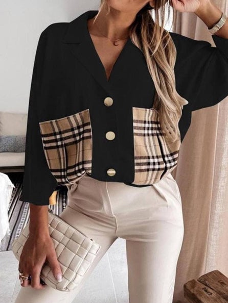 Women's Blouses Lapel Plaid Stitching Pocket Long Sleeve Blouse - LuckyFash™