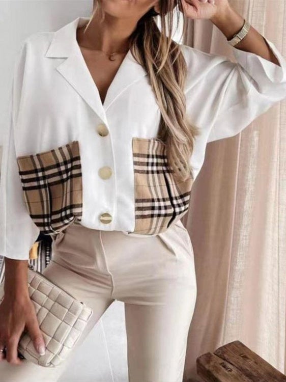 Women's Blouses Lapel Plaid Stitching Pocket Long Sleeve Blouse - LuckyFash™