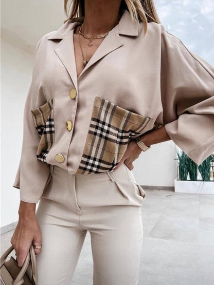 Women's Blouses Lapel Plaid Stitching Pocket Long Sleeve Blouse - LuckyFash™