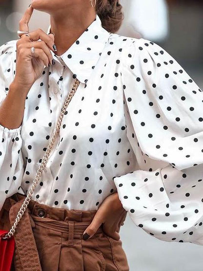 Women's Blouses Lapel Polka Dot Lantern Long Sleeve Blouse - LuckyFash™