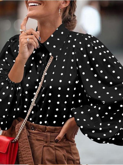 Women's Blouses Lapel Polka Dot Lantern Long Sleeve Blouse - LuckyFash™