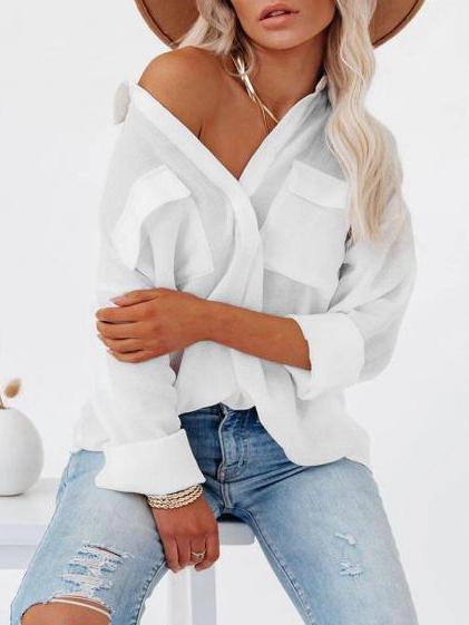 Women's Blouses Lapel Solid Button Pocket Long Sleeve Blouse - LuckyFash™