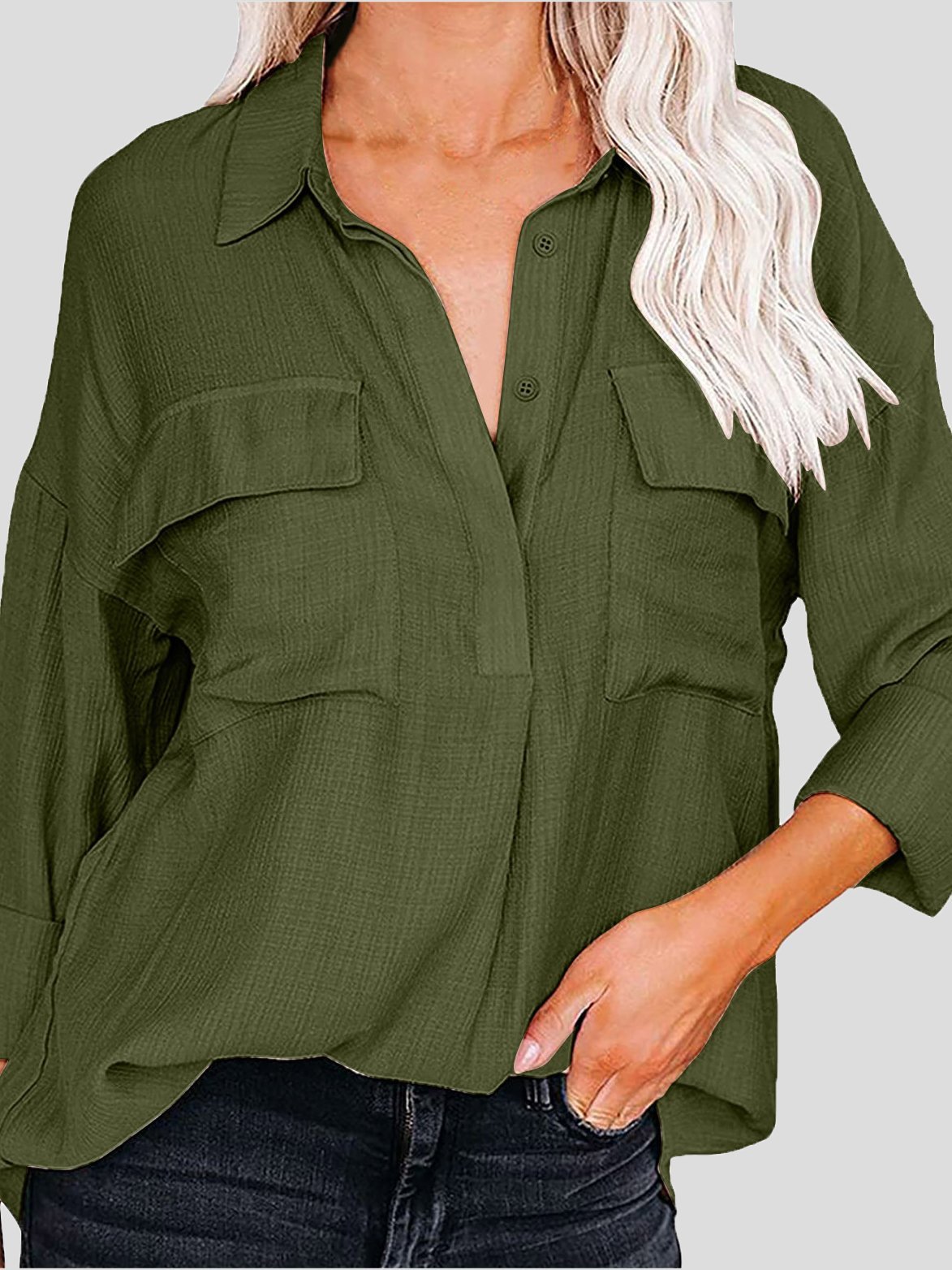 Women's Blouses Lapel Solid Button Pocket Long Sleeve Blouse - LuckyFash™