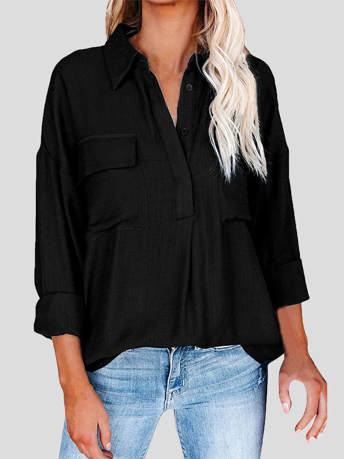 Women's Blouses Lapel Solid Button Pocket Long Sleeve Blouse - LuckyFash™