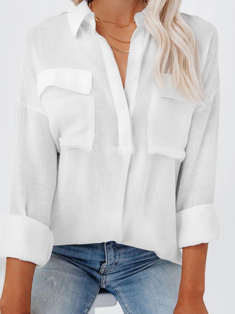 Women's Blouses Lapel Solid Button Pocket Long Sleeve Blouse - LuckyFash™