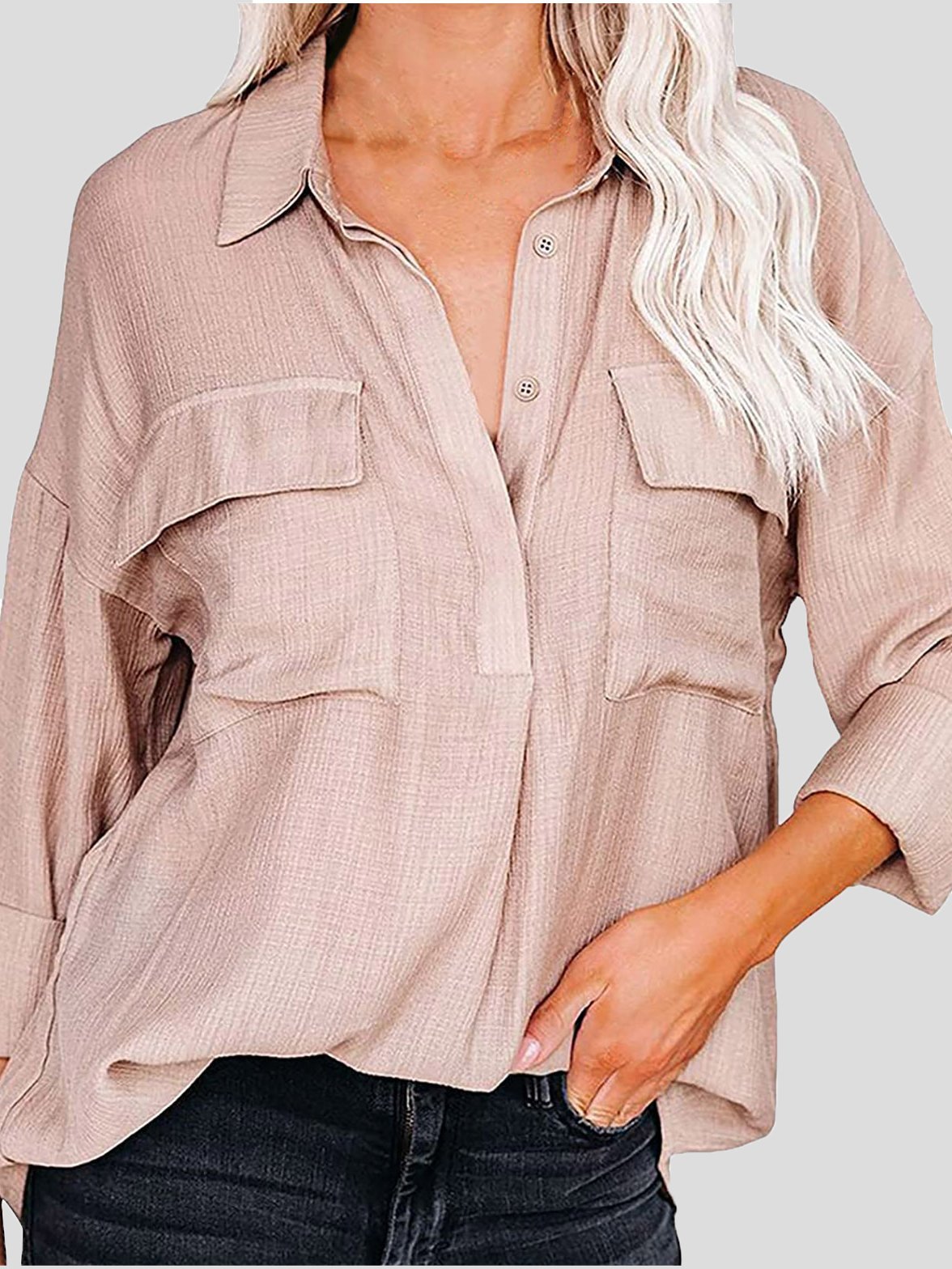 Women's Blouses Lapel Solid Button Pocket Long Sleeve Blouse - LuckyFash™