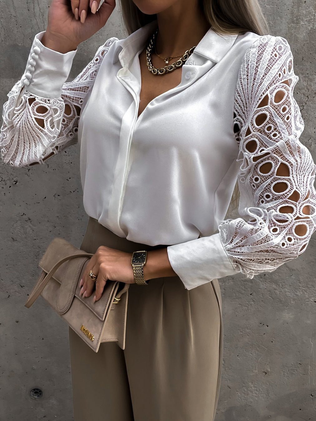 Blouses Lapel Solid Lace Long Sleeve Blouse - LuckyFash™