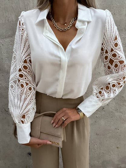 Blouses Lapel Solid Lace Long Sleeve Blouse - LuckyFash™