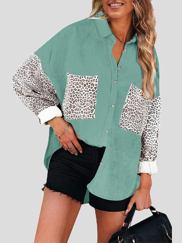 Women's Blouses Lapel Stitching Leopard Print Pocket Long Sleeve Blouses - LuckyFash™