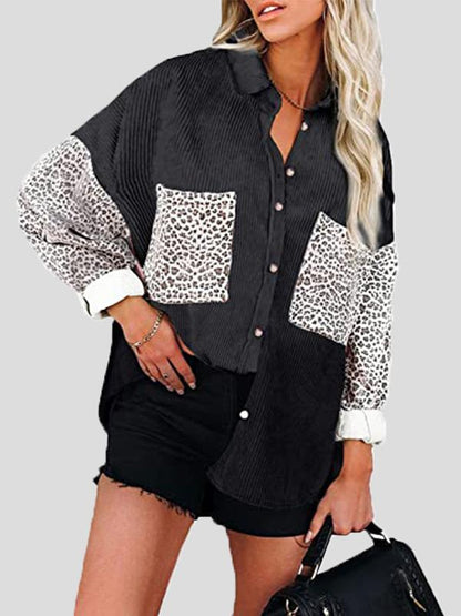 Women's Blouses Lapel Stitching Leopard Print Pocket Long Sleeve Blouses - LuckyFash™