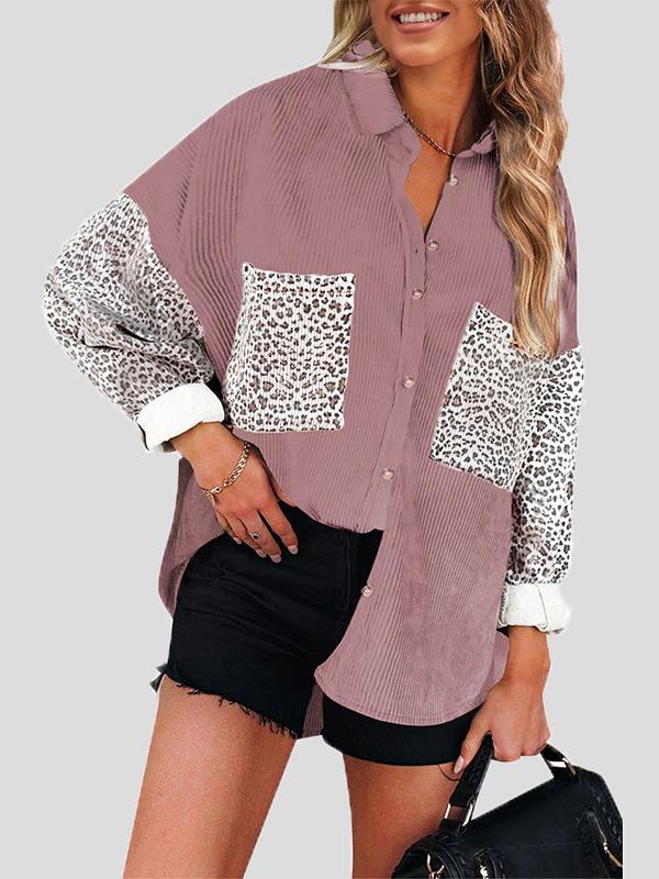 Women's Blouses Lapel Stitching Leopard Print Pocket Long Sleeve Blouses - LuckyFash™