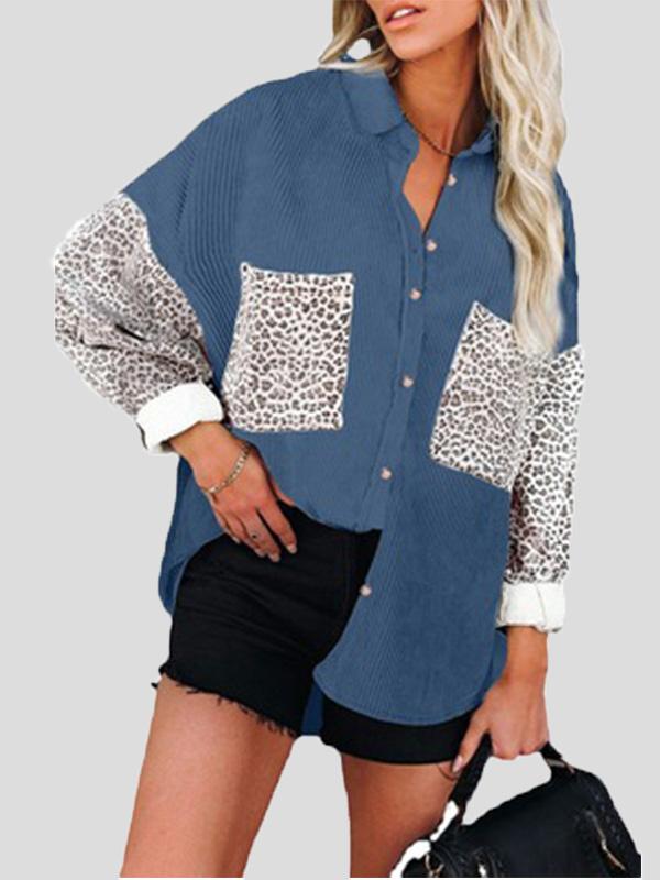 Women's Blouses Lapel Stitching Leopard Print Pocket Long Sleeve Blouses - LuckyFash™