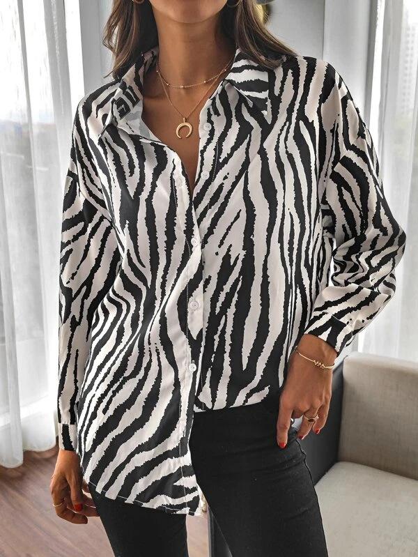 Women's Blouses Lapel Zebra Print Button Long Sleeve Blouse - LuckyFash™