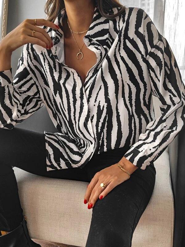 Women's Blouses Lapel Zebra Print Button Long Sleeve Blouse - LuckyFash™