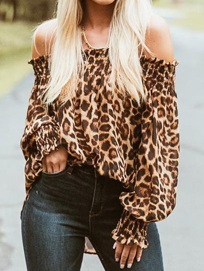 Women's Blouses Leopard One-Shoulder Flared Sleeve Blouse - LuckyFash™