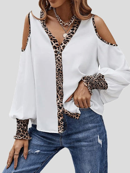 Women's Blouses Leopard Panel Button Off-Shoulder Long Sleeve Blouse - LuckyFash™