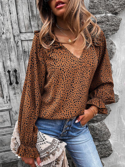 Women's Blouses Leopard Print V-Neck Ruffled Long Sleeves Blouse - LuckyFash™