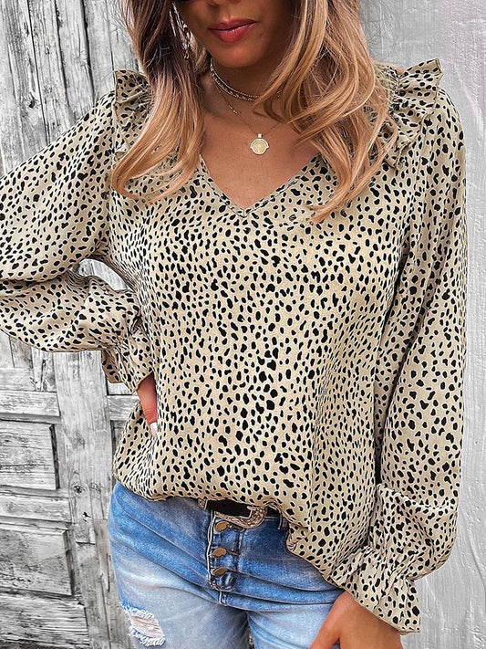 Women's Blouses Leopard Print V-Neck Ruffled Long Sleeves Blouse - LuckyFash™