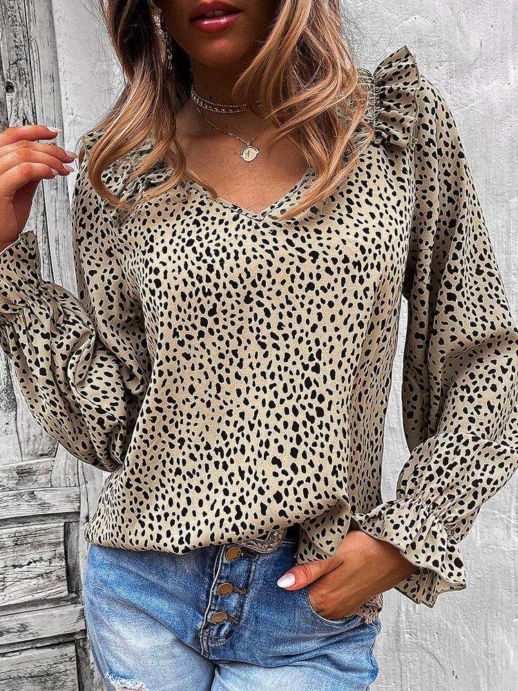 Women's Blouses Leopard Print V-Neck Ruffled Long Sleeves Blouse - LuckyFash™