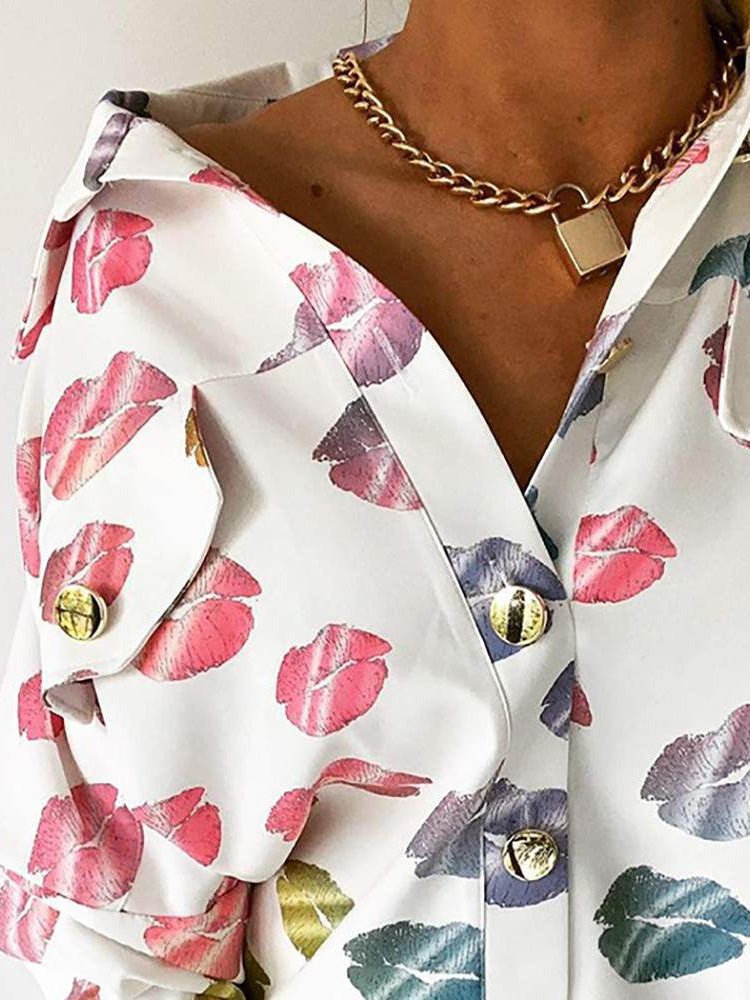 Women's Blouses Lip Print Lapel Button Blouse - LuckyFash™