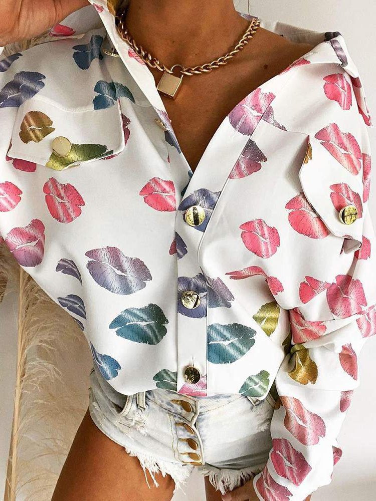 Women's Blouses Lip Print Lapel Button Blouse - LuckyFash™