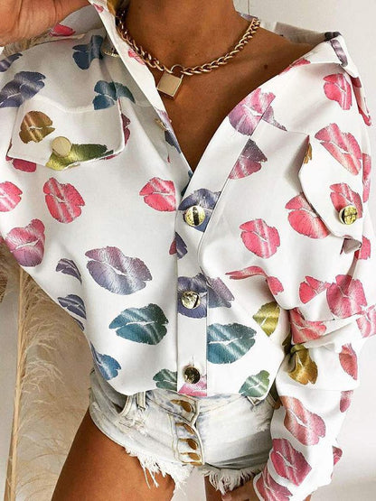 Women's Blouses Lip Print Lapel Button Blouse - LuckyFash™