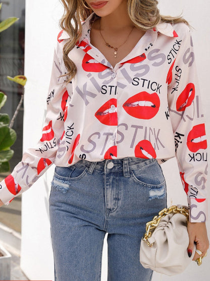 Women's Blouses Lip Print Stand Collar Long Sleeve Blouse - LuckyFash™