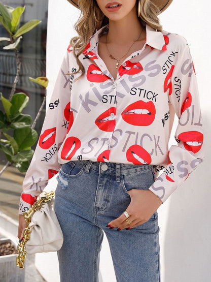 Women's Blouses Lip Print Stand Collar Long Sleeve Blouse - LuckyFash™