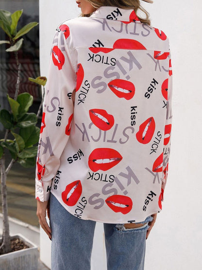 Women's Blouses Lip Print Stand Collar Long Sleeve Blouse - LuckyFash™