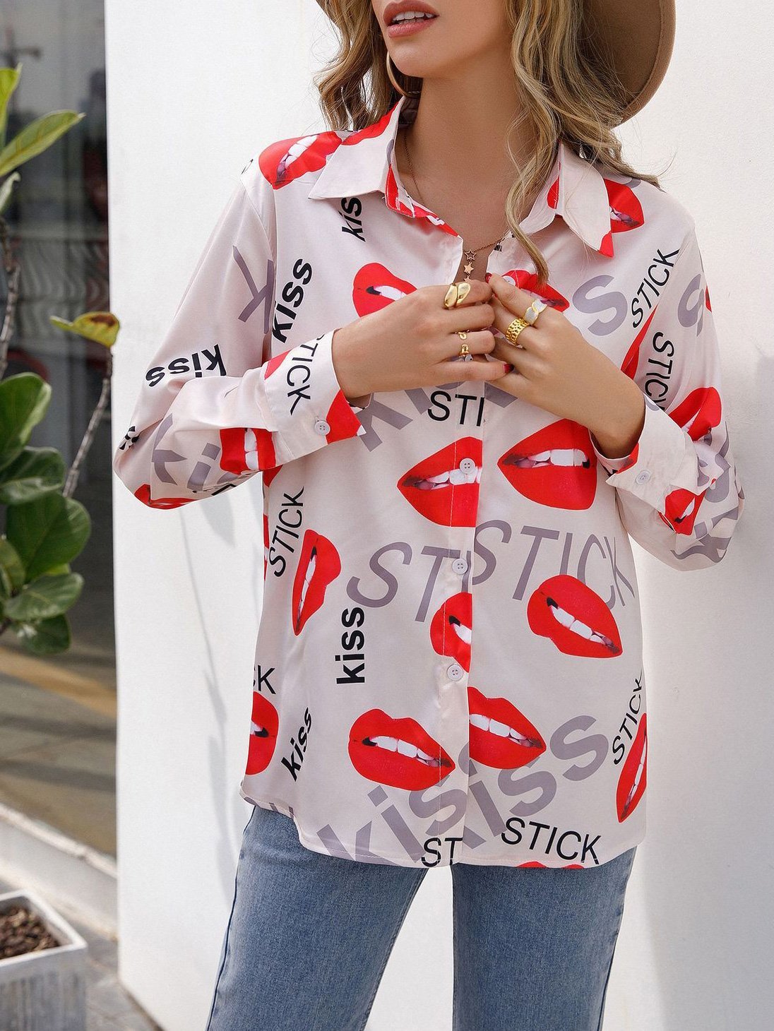 Women's Blouses Lip Print Stand Collar Long Sleeve Blouse - LuckyFash™