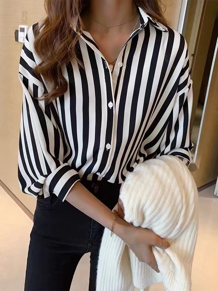 Blouses Long Sleeve Collar Button Stripe Blouse - LuckyFash™