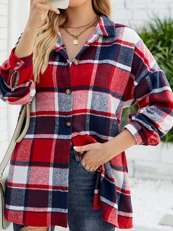 Blouses Long Sleeve Plaid Wool Medium Long  Blouse - LuckyFash™