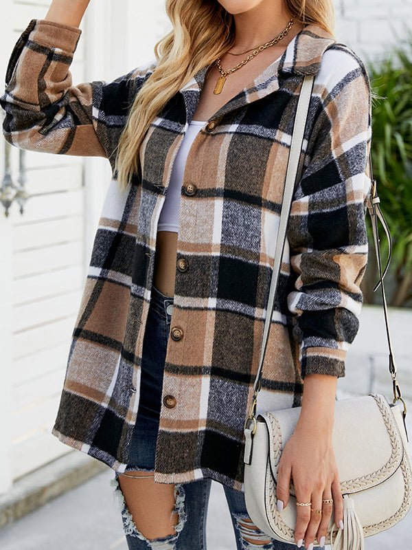 Blouses Long Sleeve Plaid Wool Medium Long  Blouse - LuckyFash™