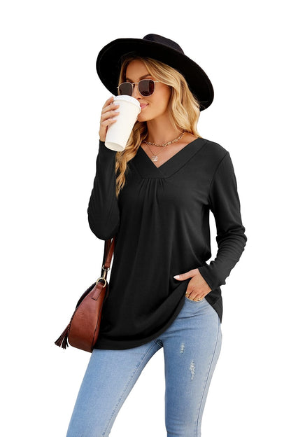 Blouses Long Sleeve Pleated V Neck Blouse - LuckyFash™