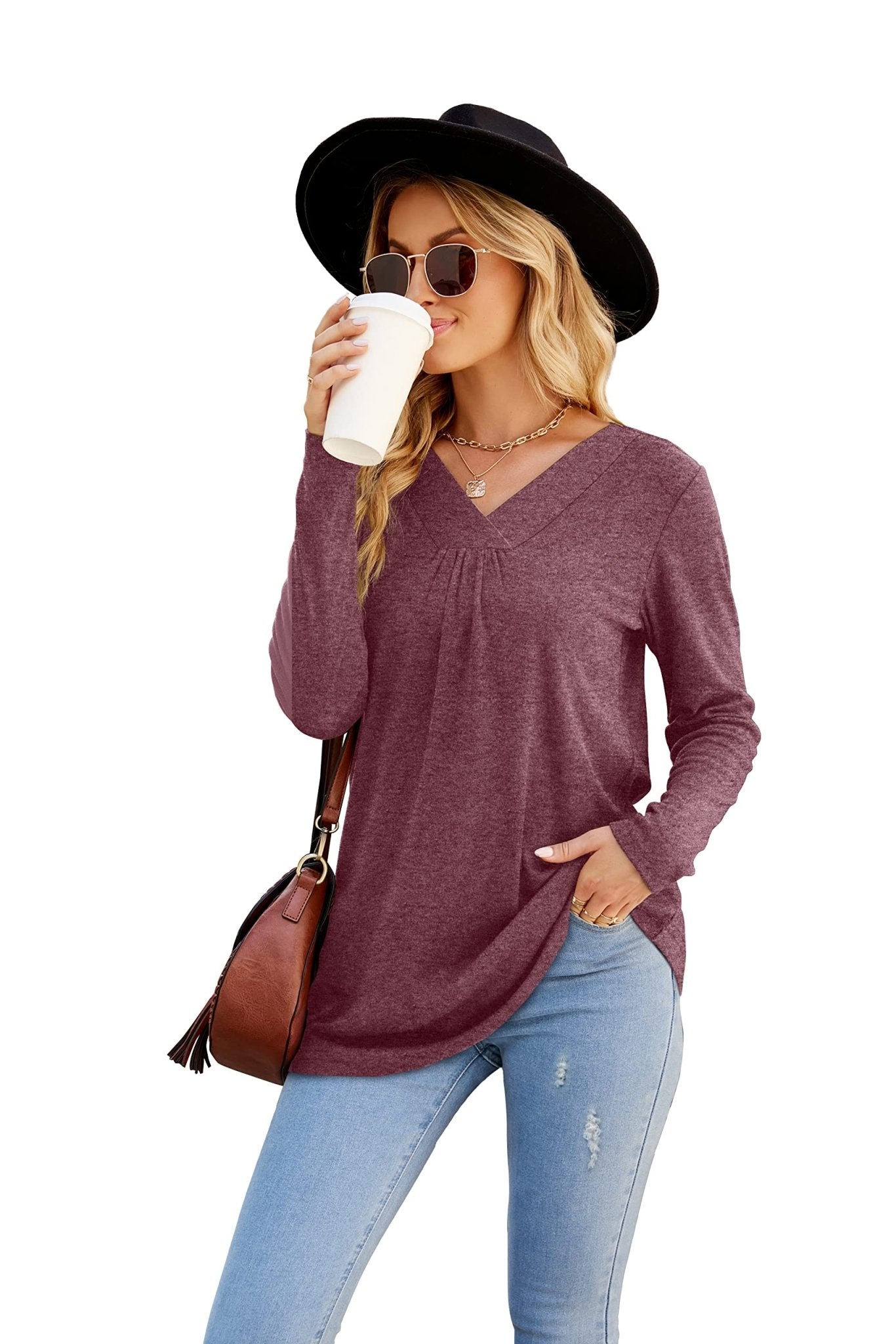 Blouses Long Sleeve Pleated V Neck Blouse - LuckyFash™