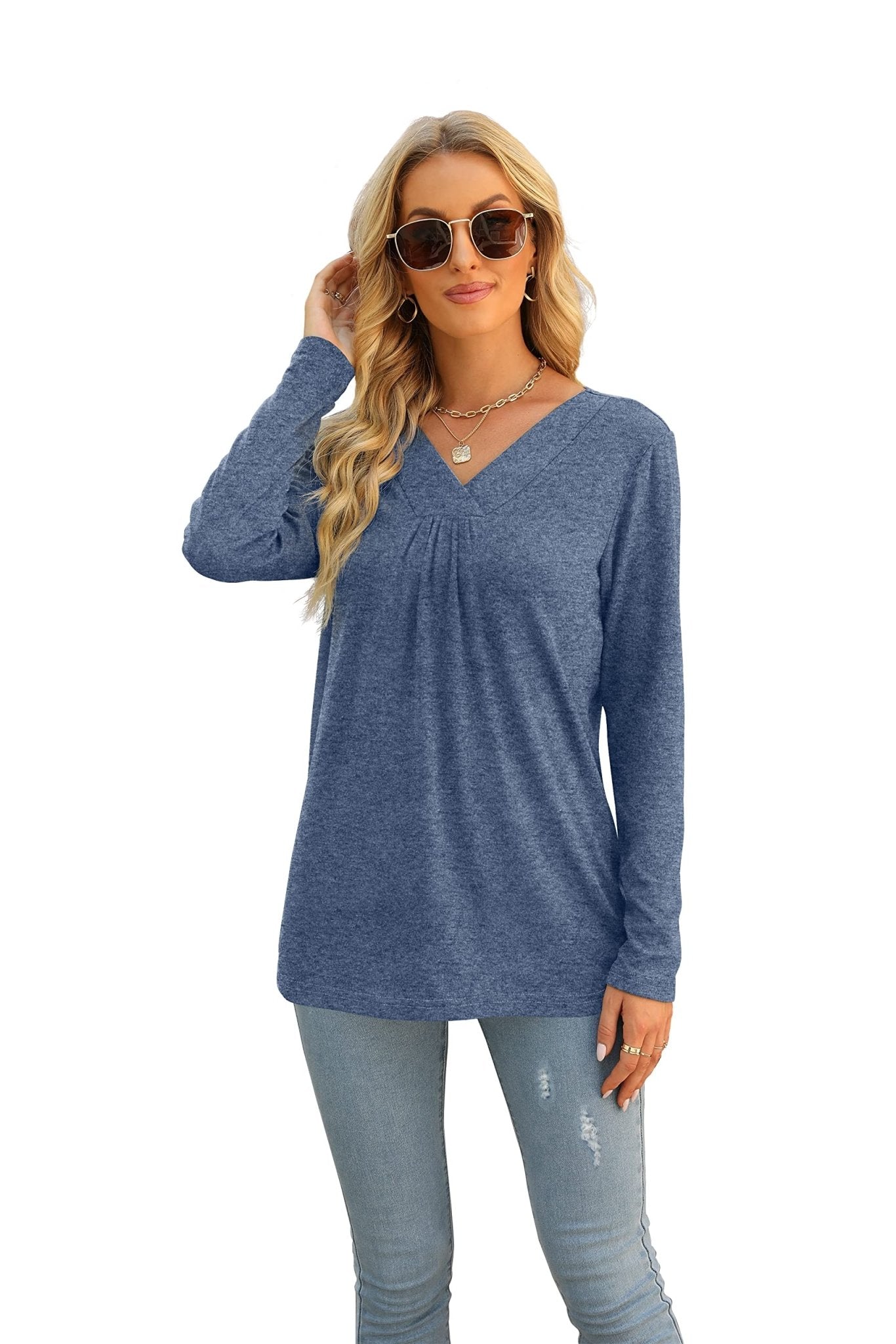 Blouses Long Sleeve Pleated V Neck Blouse - LuckyFash™