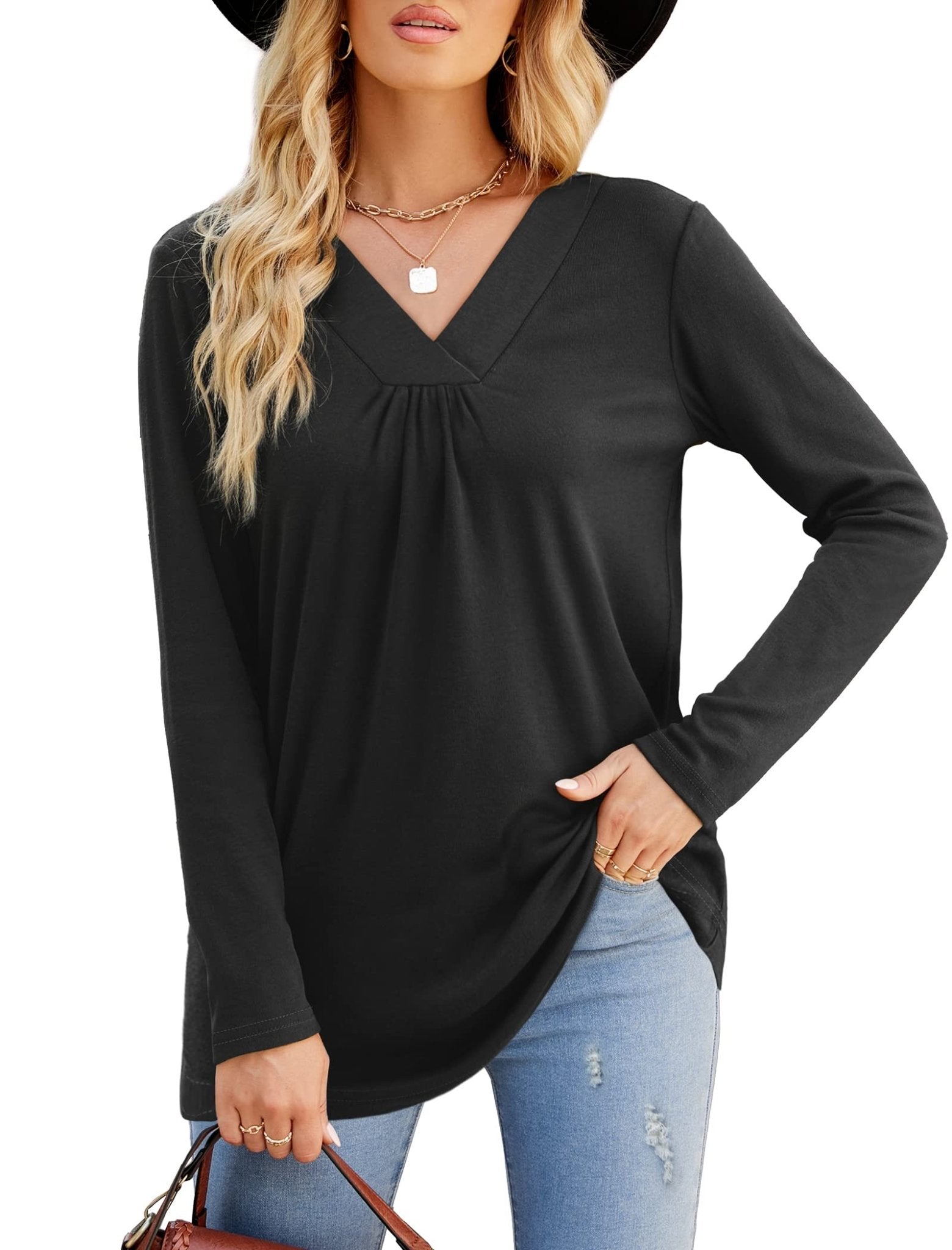 Blouses Long Sleeve Pleated V Neck Blouse - LuckyFash™