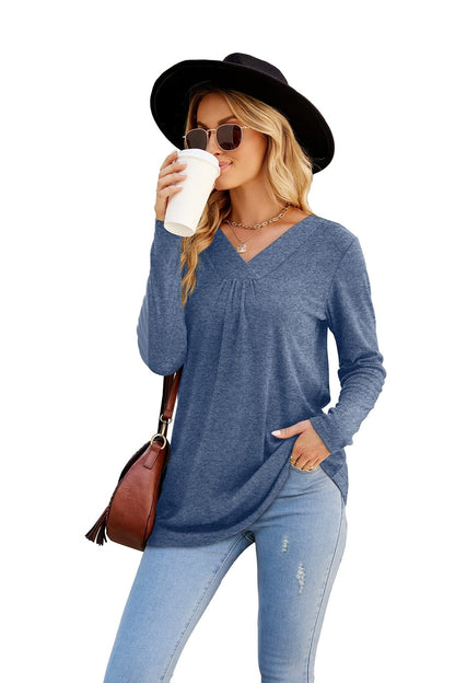 Blouses Long Sleeve Pleated V Neck Blouse - LuckyFash™