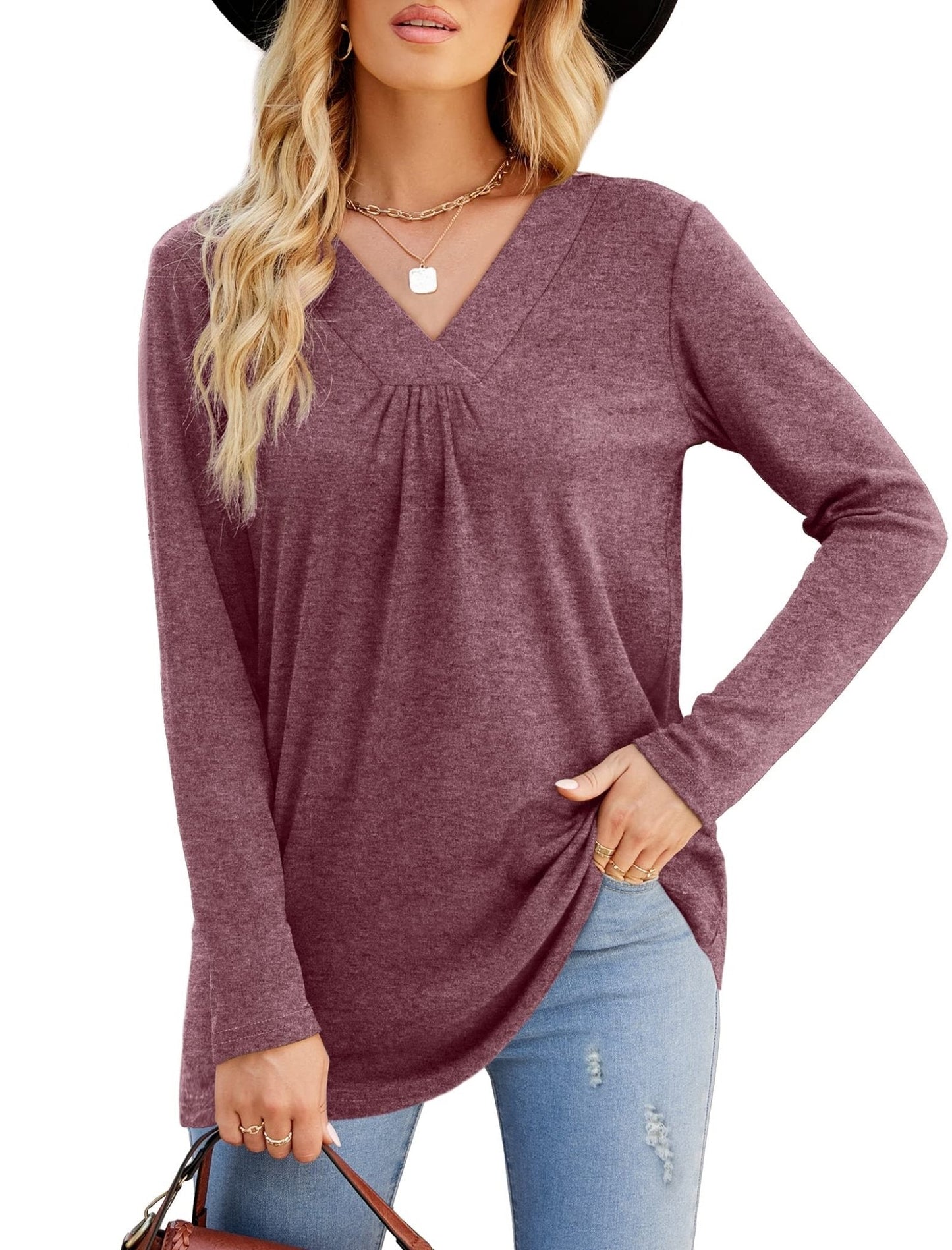 Blouses Long Sleeve Pleated V Neck Blouse - LuckyFash™