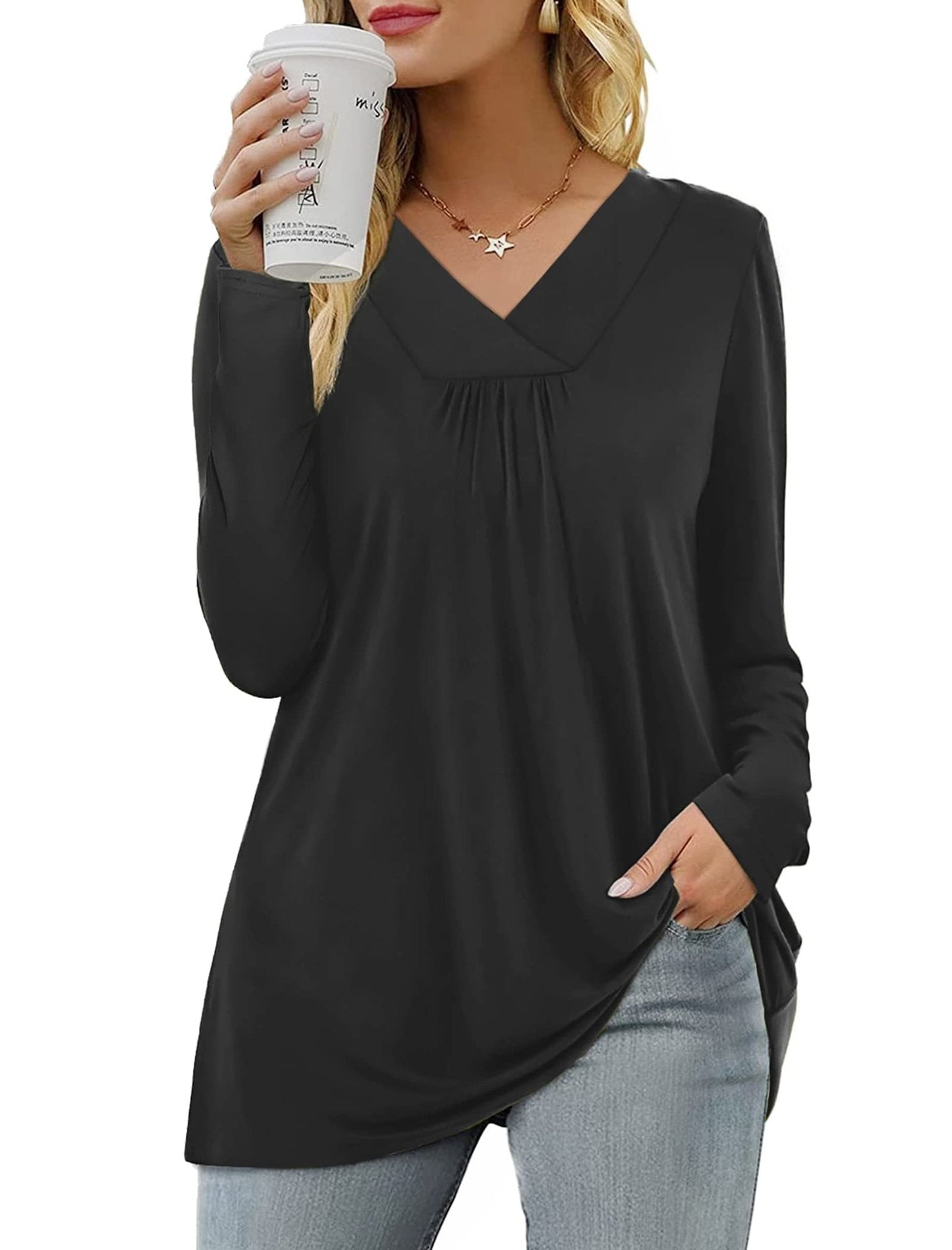 Blouses Long Sleeve Pleated V Neck Blouse - LuckyFash™