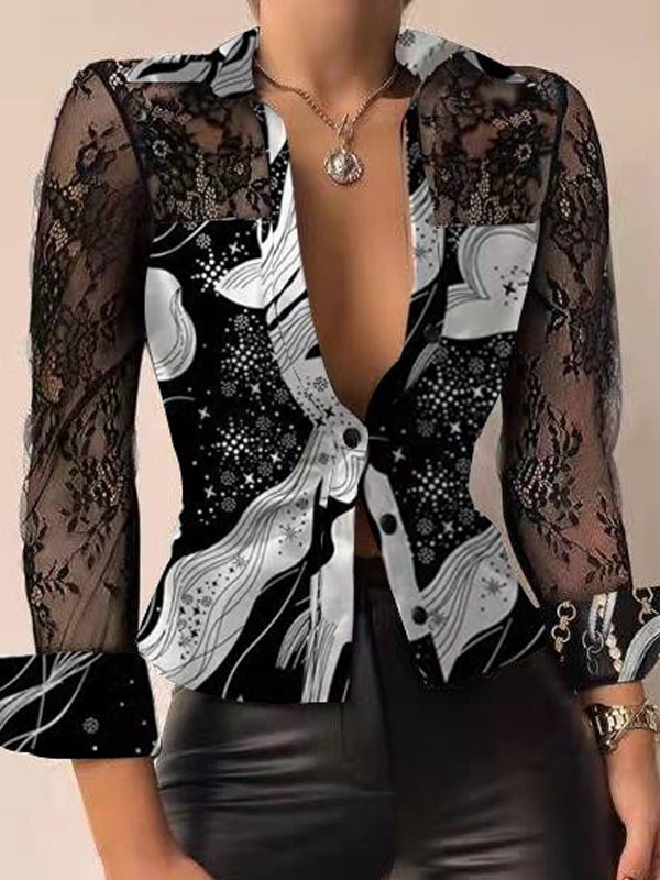 Blouses Long Sleeves V Neck Printed Lace Blouse - LuckyFash™