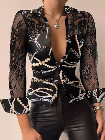 Blouses Long Sleeves V Neck Printed Lace Blouse - LuckyFash™