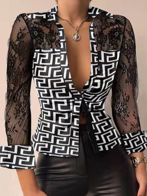 Blouses Long Sleeves V Neck Printed Lace Blouse - LuckyFash™