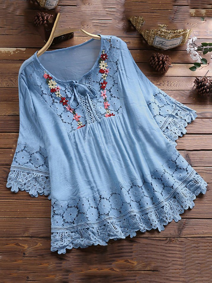 Blouses Loose Belted Lace 3/4 Sleeves Blouse - LuckyFash™